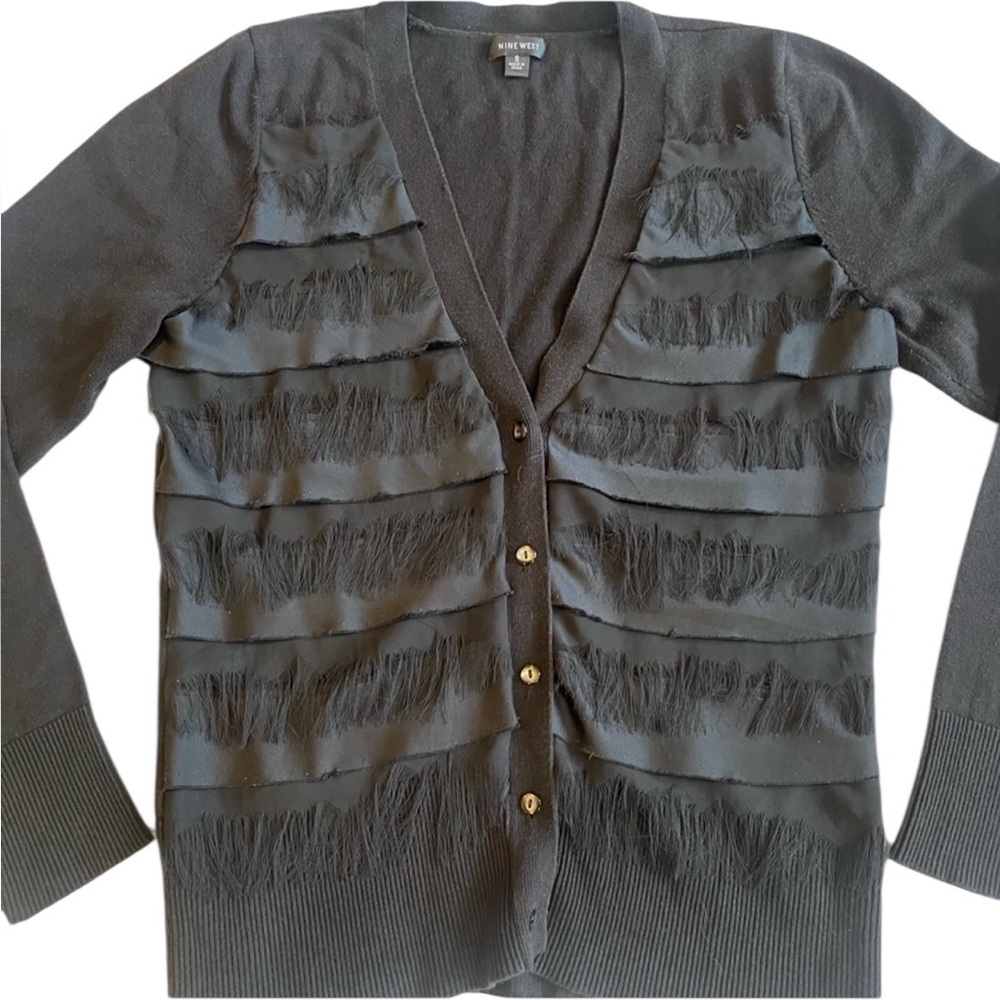 Nine West Black Fringe Ruffle Cardigan – Women’s Small